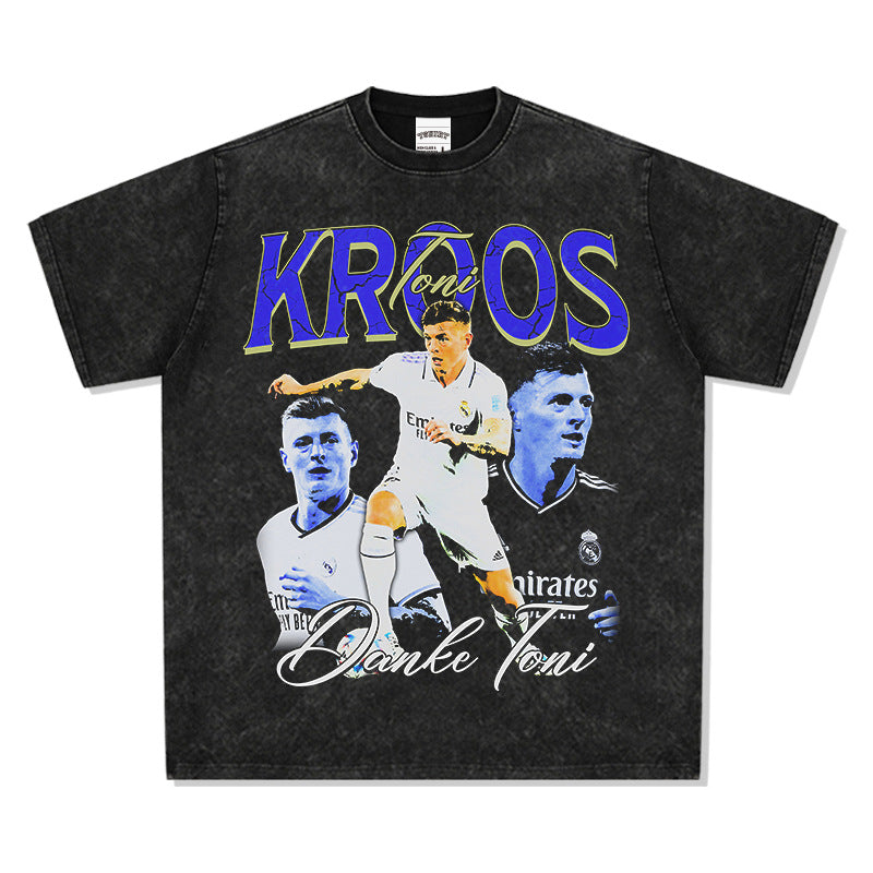 Mens Vintage Football T-Shirt Vintage Toni Kroos Printed Short Sleeve T-Shirt Washed Crew Neck