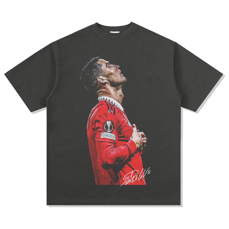 Mens Vintage Football T-Shirt Vintage Ronaldo Printed Short Sleeve T-Shirt Washed Loose