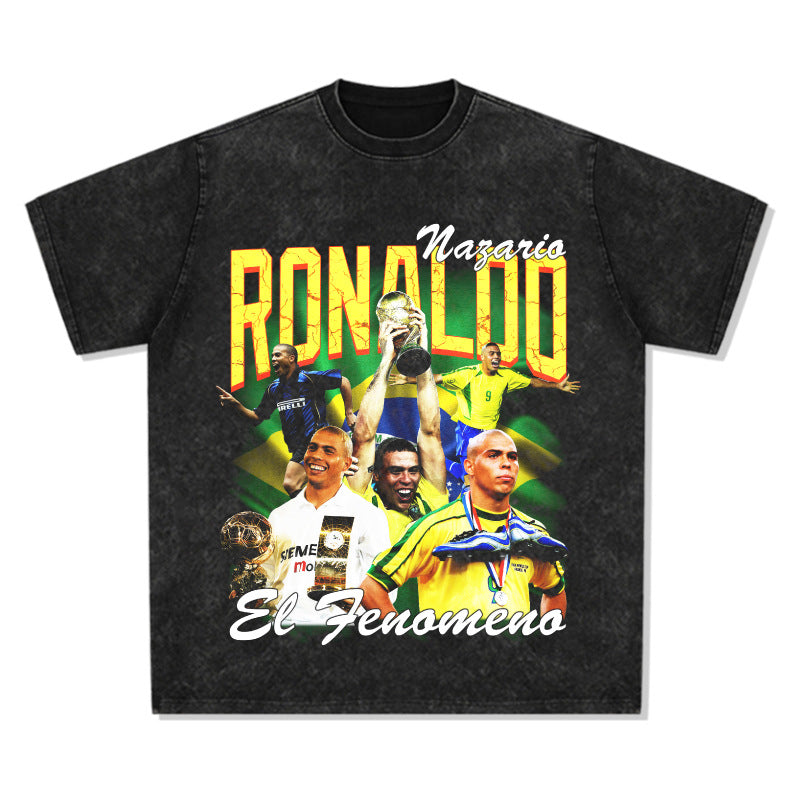 Mens Vintage Football T-Shirt Ronaldo Printed T-Shirt Vintage Crew Neck Cotton