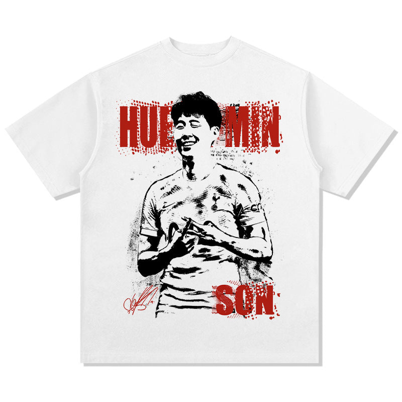 Men Vintage Football T-Shirt Vintage Son Hueng-Min Printed Short Sleeve T-Shirt Long Sleeve Washed Crew Neck