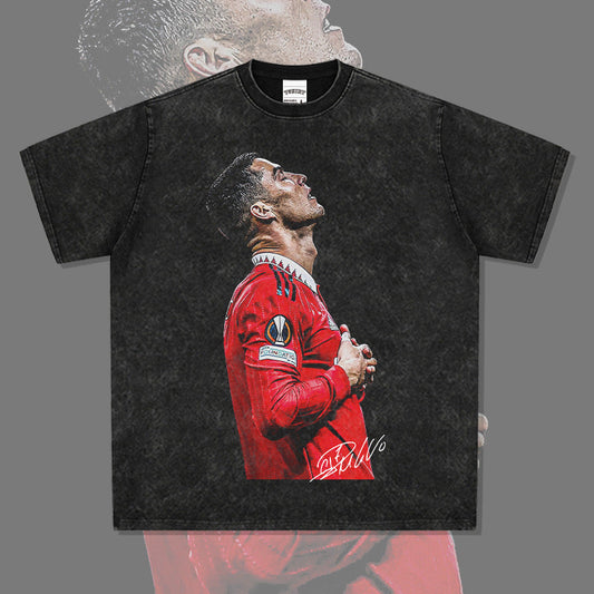 Mens Vintage Football T-Shirt Vintage Ronaldo Printed Short Sleeve T-Shirt Washed Loose