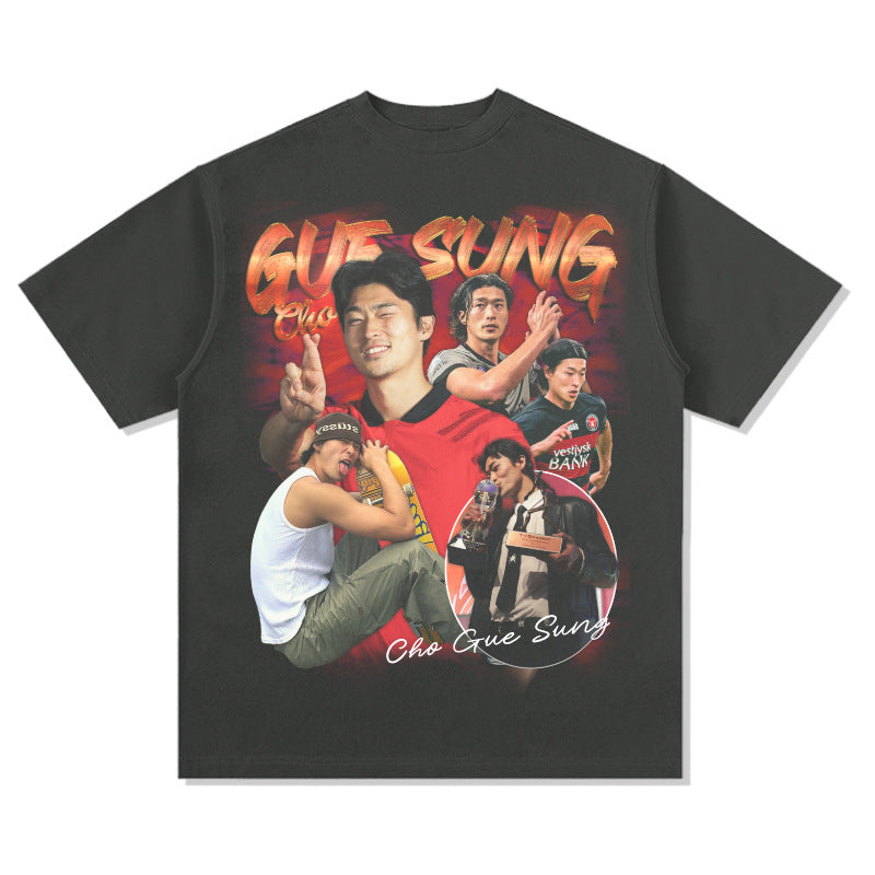 Mens Vintage Football T-Shirt Gue sung Cho Printed Short Sleeve T-Shirt Vintage Loose