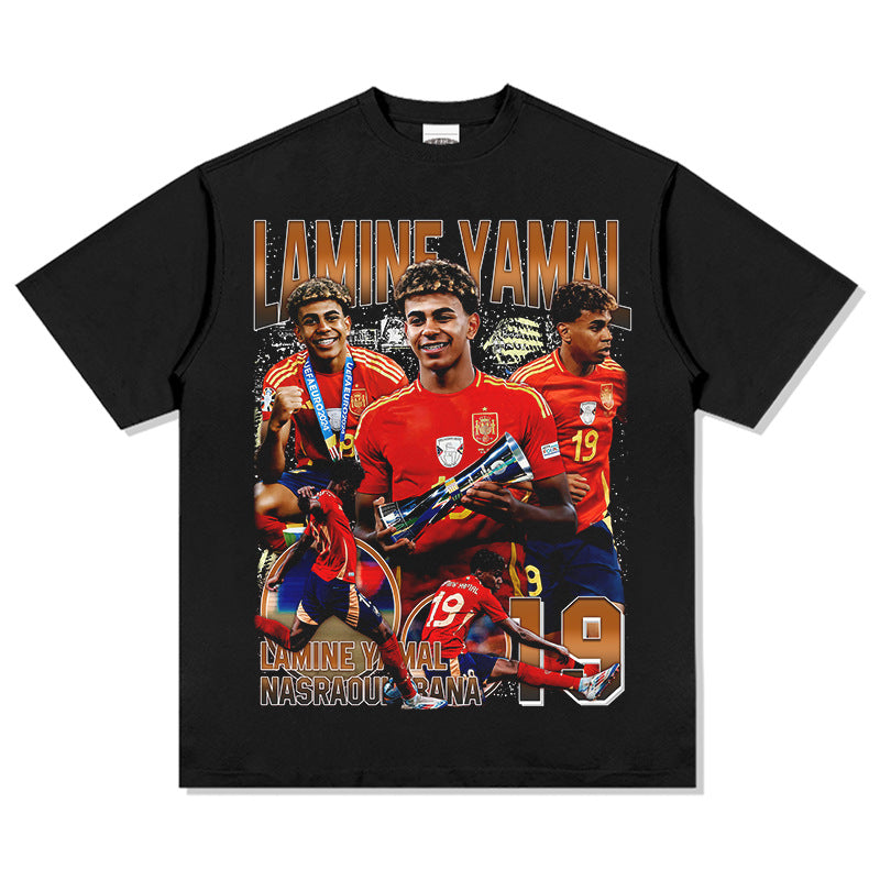 Mens Vintage Football T-Shirt Vintage Yamal Printed Short Sleeve T-Shirt Washed Cotton Crew Neck