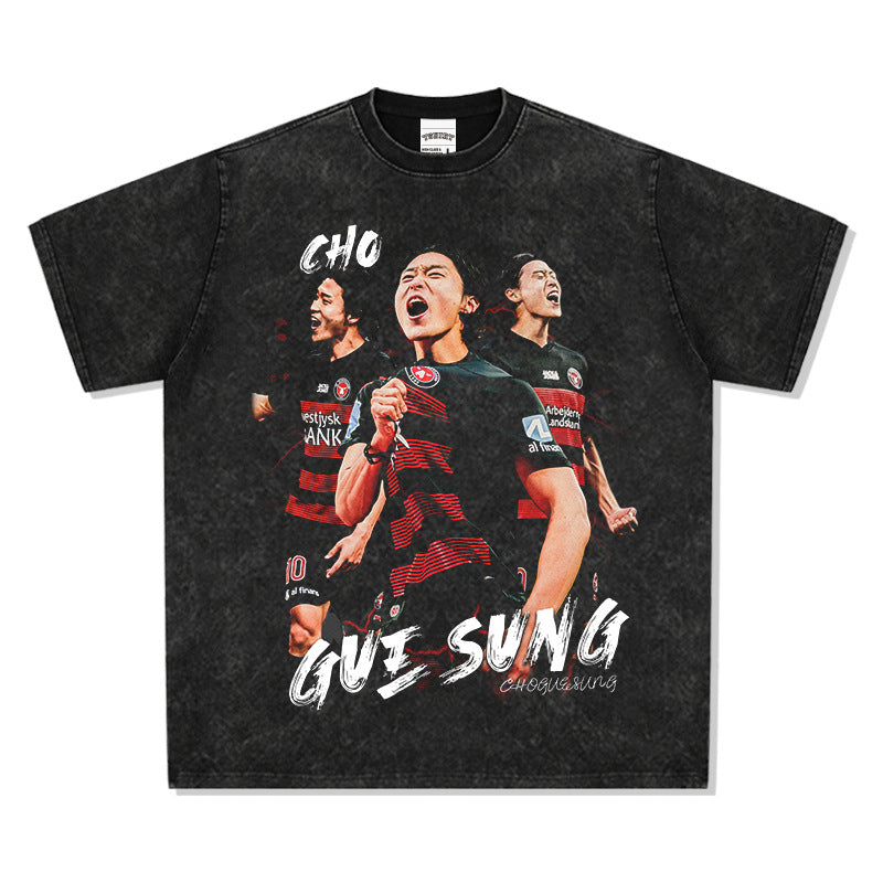 Mens Vintage Football T-Shirt Gue sung Cho Printed Short Sleeve T-Shirt Vintage Loose