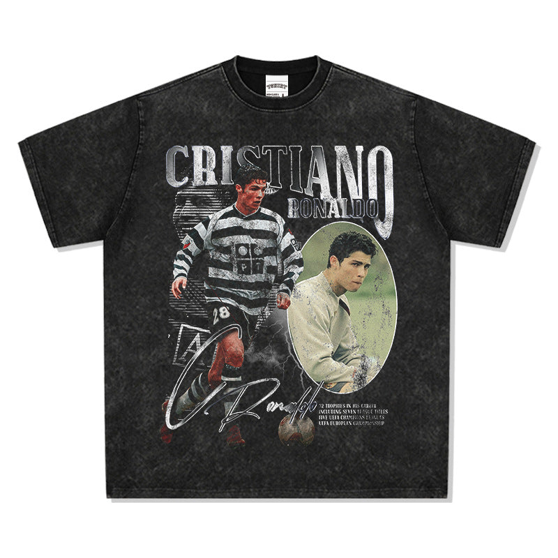 Men Vintage Football T-Shirt Short Sleeve Vintage Summer Cristiano Printed Cotton Top