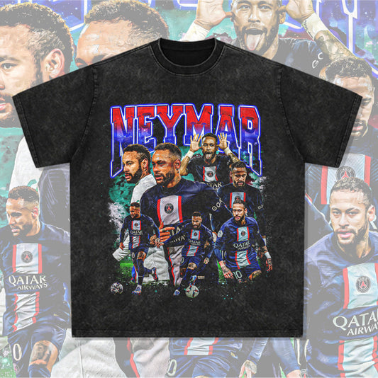 Mens Vintage Football T-Shirt Neymar Printed Short Sleeve T-Shirt Versatile Crew Neck Casual