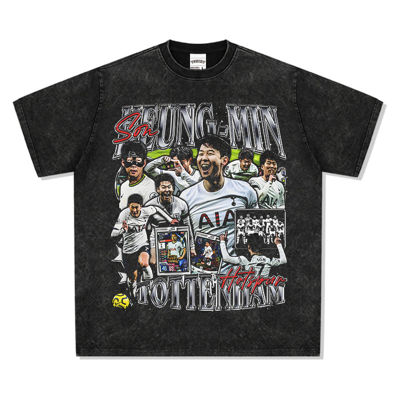 Men Vintage Football T-Shirt Vintage Hueng-Min Printed Short Sleeve T-Shirt Washed Crew Neck Loose