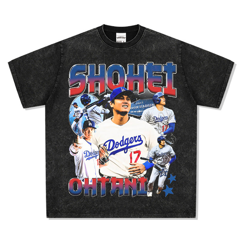 Mens Vintage Football T-Shirt Shohei Ohtan Printed Short Sleeve T-Shirt Vintage Washed Crew Neck