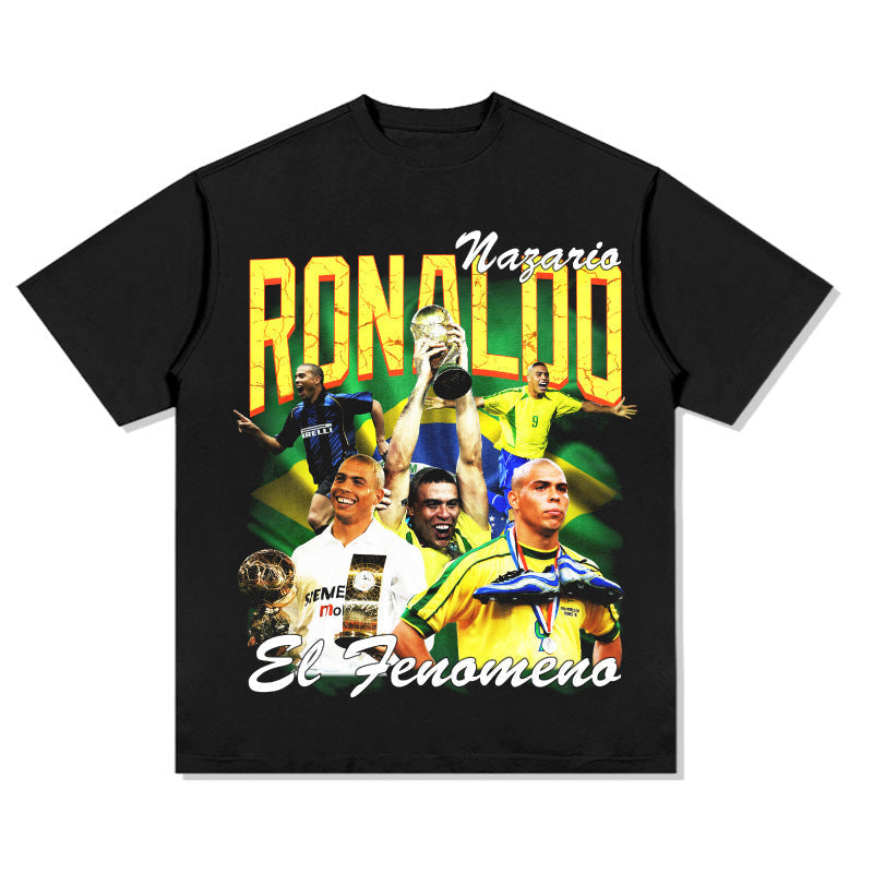 Mens Vintage Football T-Shirt Ronaldo Printed T-Shirt Vintage Crew Neck Cotton