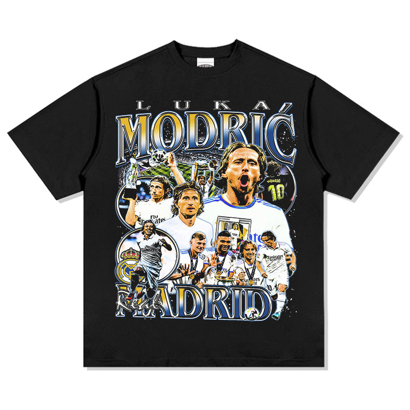 Mens Vintage Football T-Shirt MODRIC Real Madrid Modric Print Short Sleeve T-Shirt Vintage Wash