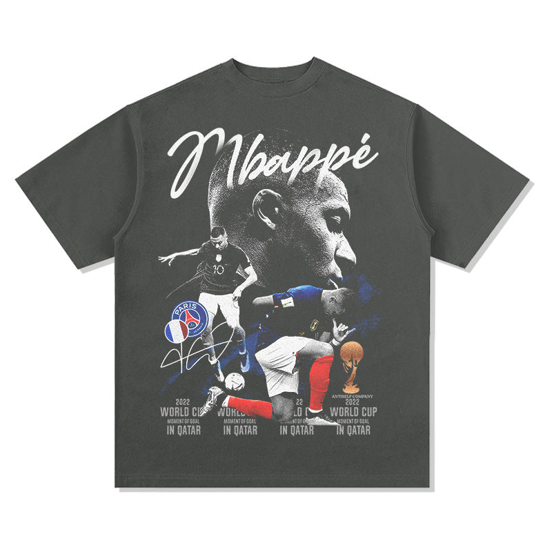 Mens Vintage Football T-Shirt Mbappe Vintage Cotton Short Sleeve Summer Loose Top T-Shirt