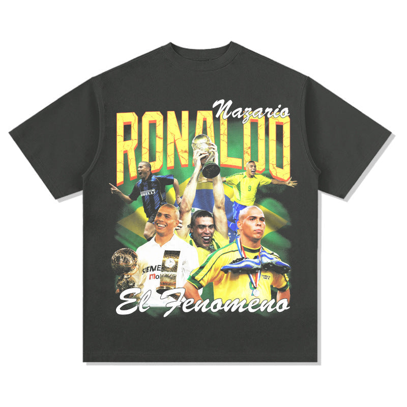 Mens Vintage Football T-Shirt Ronaldo Printed T-Shirt Vintage Crew Neck Cotton