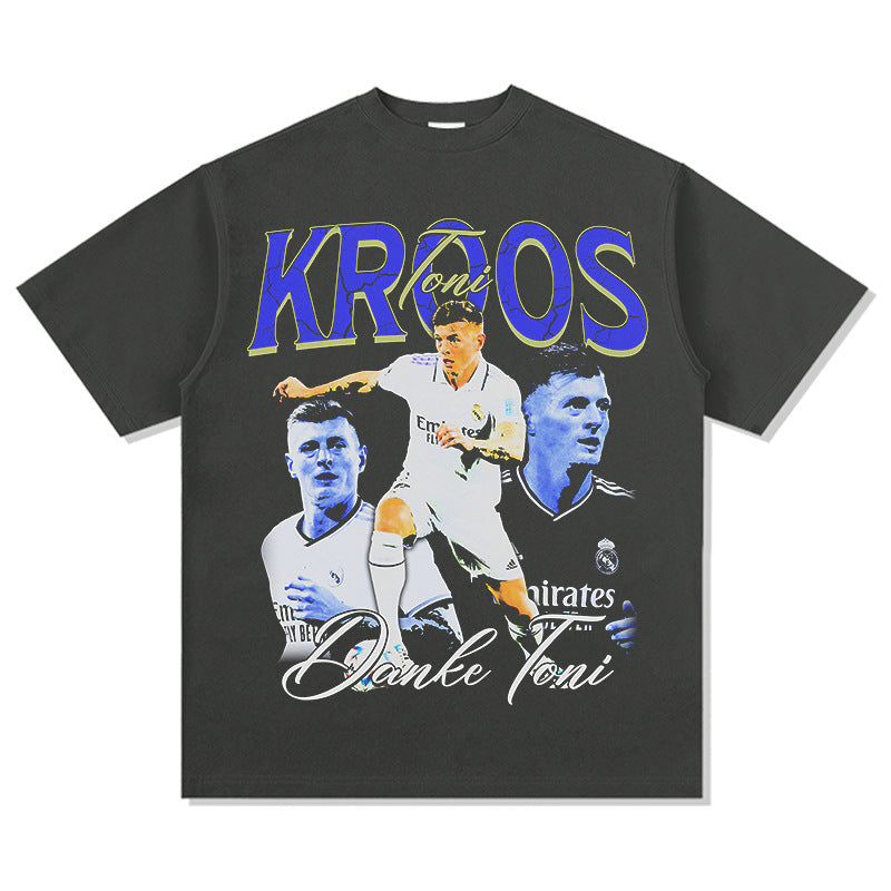 Mens Vintage Football T-Shirt Vintage Toni Kroos Printed Short Sleeve T-Shirt Washed Crew Neck