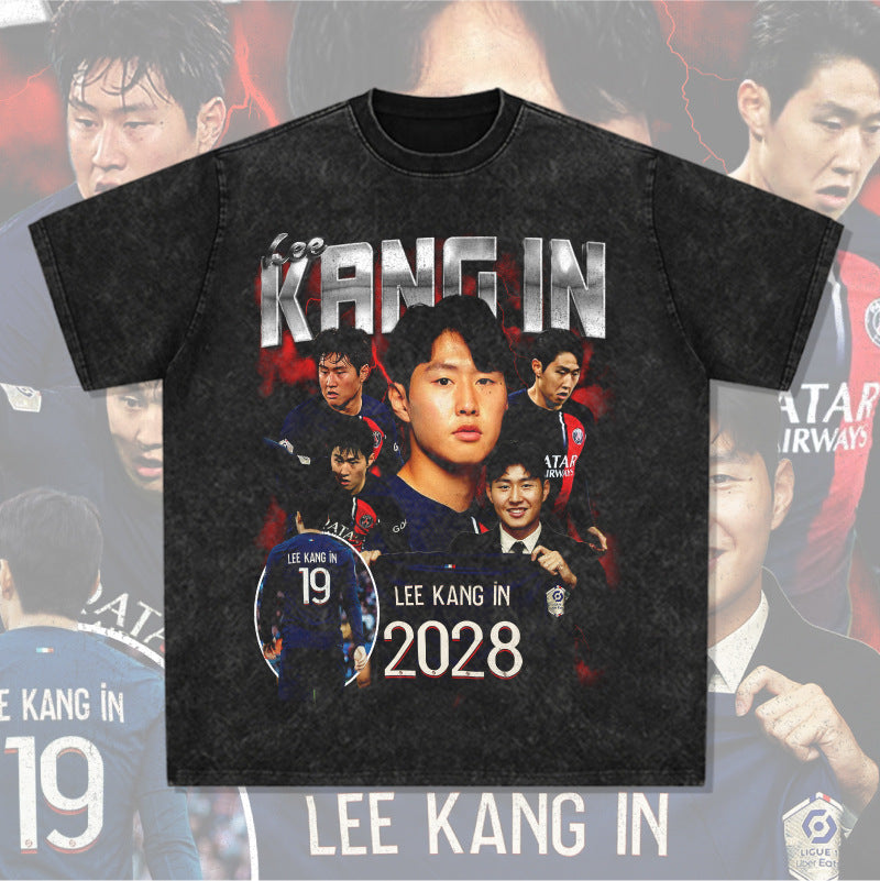 Mens Vintage Football T-Shirt Kang in Lee Print Short Sleeve T-Shirt Vintage Loose