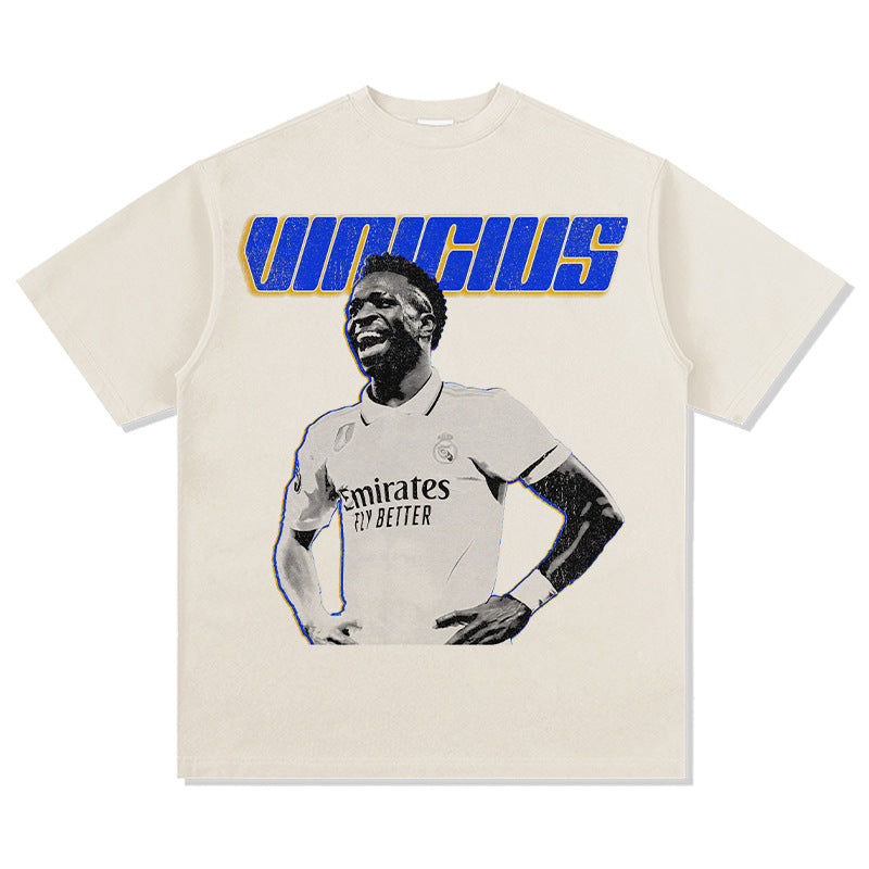 Mens Vintage Football T-Shirt Vintage Vini Jr Vin¨ªcius Printed Short Sleeve T-Shirt Washed