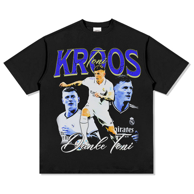 Mens Vintage Football T-Shirt Vintage Toni Kroos Printed Short Sleeve T-Shirt Washed Crew Neck