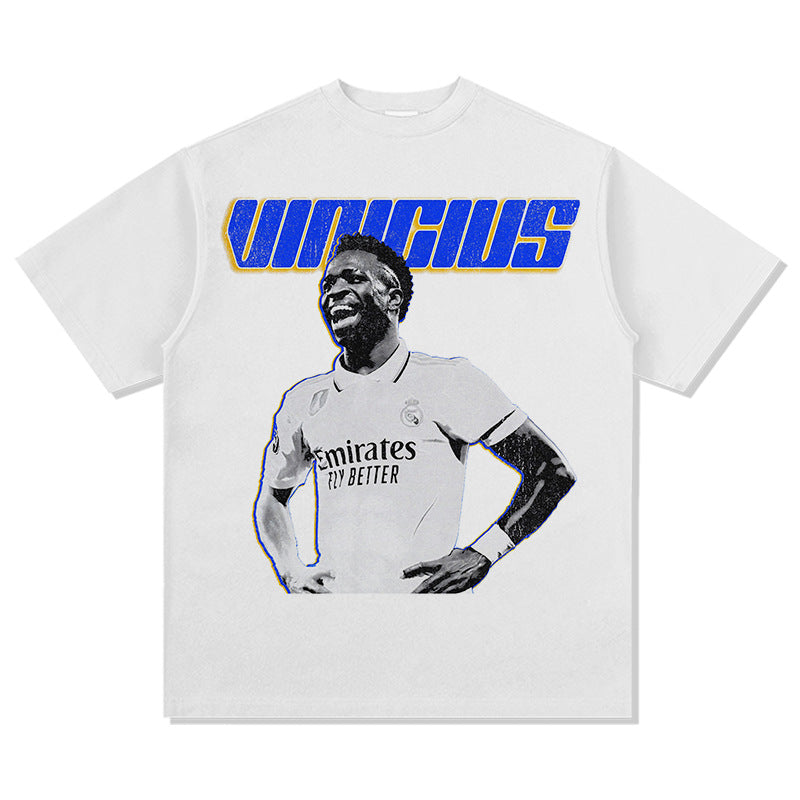 Mens Vintage Football T-Shirt Vintage Vini Jr Vin¨ªcius Printed Short Sleeve T-Shirt Washed