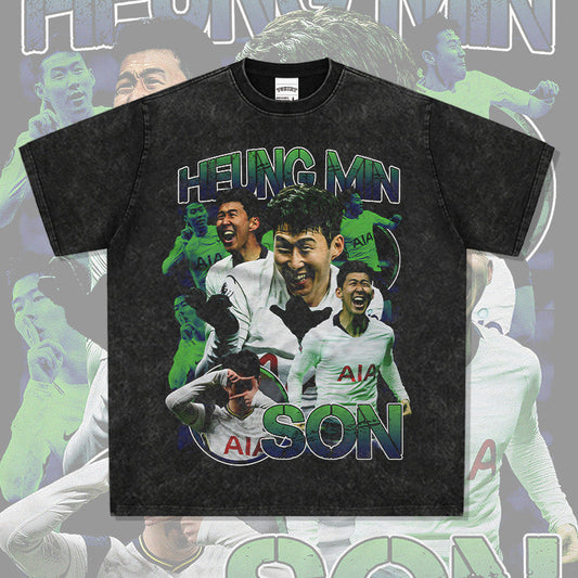 Men Vintage Football T-Shirt Retro HEUNG MIN SON Printed Washed Old Short Sleeve T-Shirt