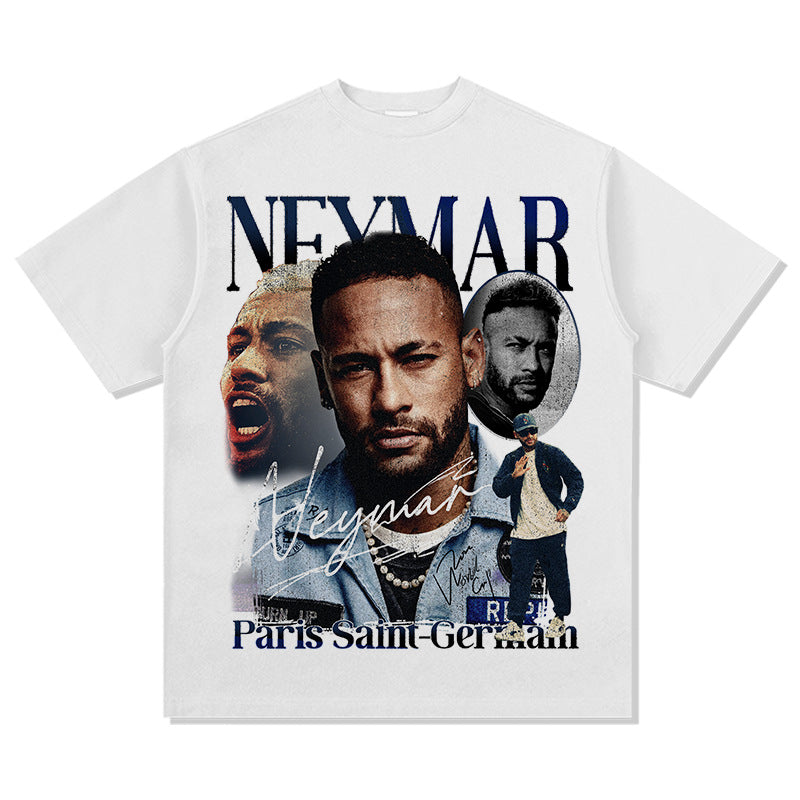 Men's Vintage Football T-Shirt Neymar Loose Vintage Short Sleeve T-Shirt Men's Summer Football Print