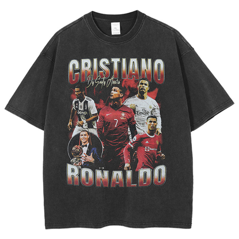 Mens Vintage Football T-Shirt Ronaldo Printed Short Sleeve T-Shirt Loose Washed Old Top